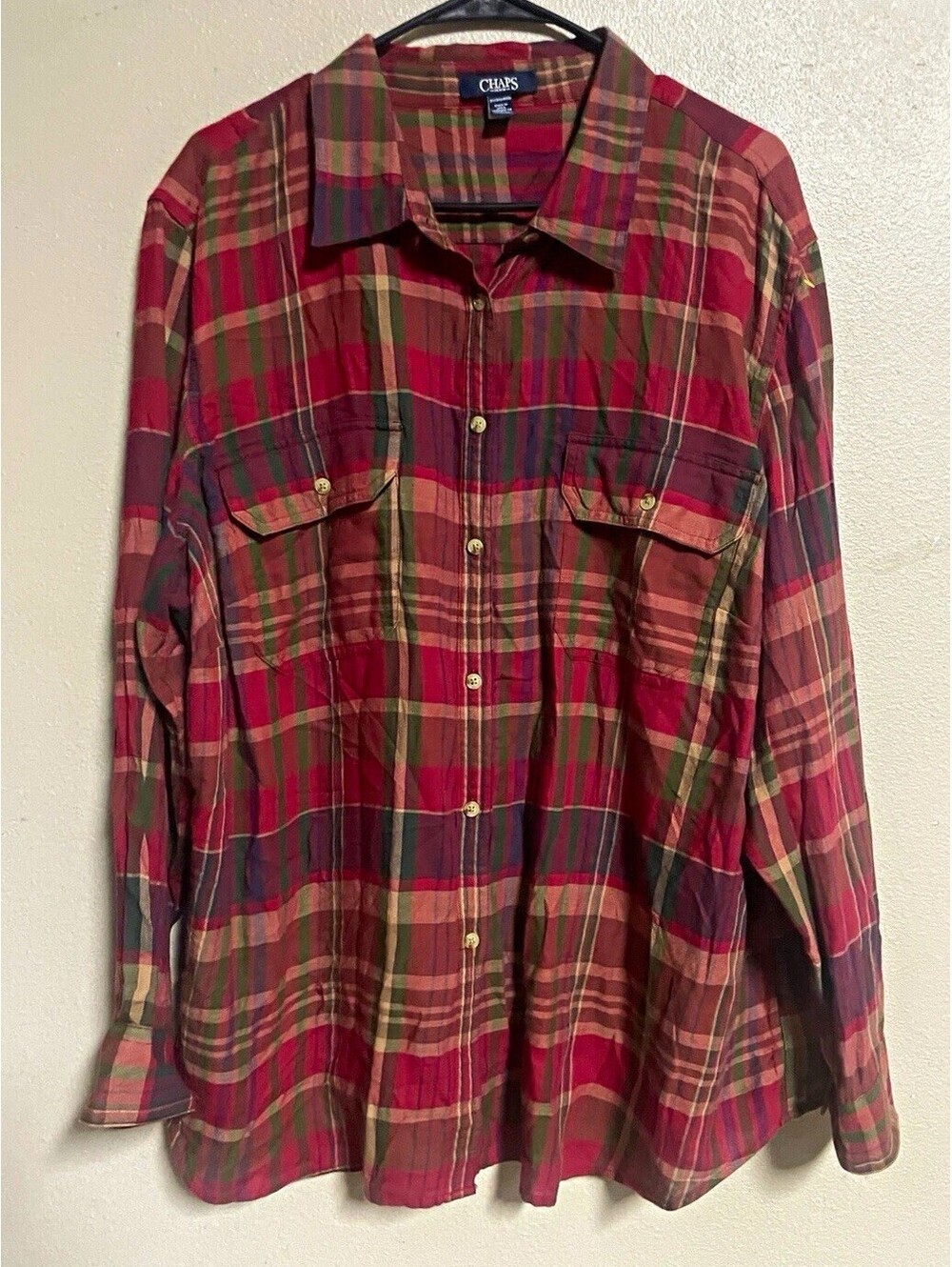 Chaps Denim women’s plus 3X Classic Fit Plaid Flannel Button-Up Pockets red